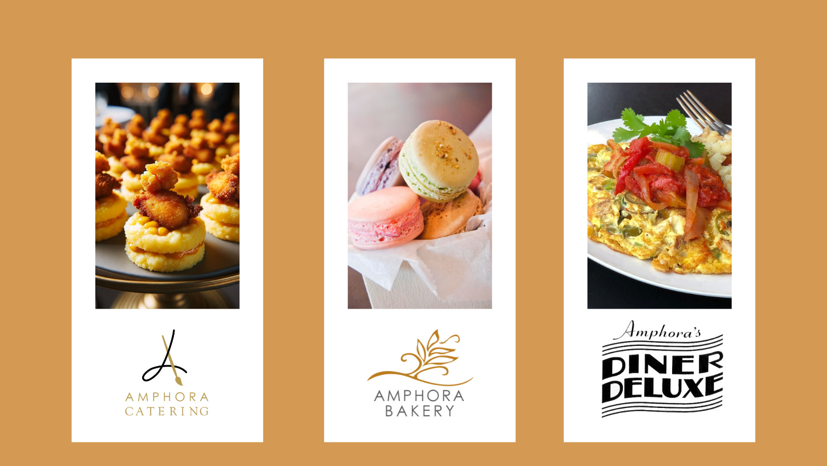 Amphora Catering, Amphora Bakery, and Amphora's Diner Deluxe logos with images